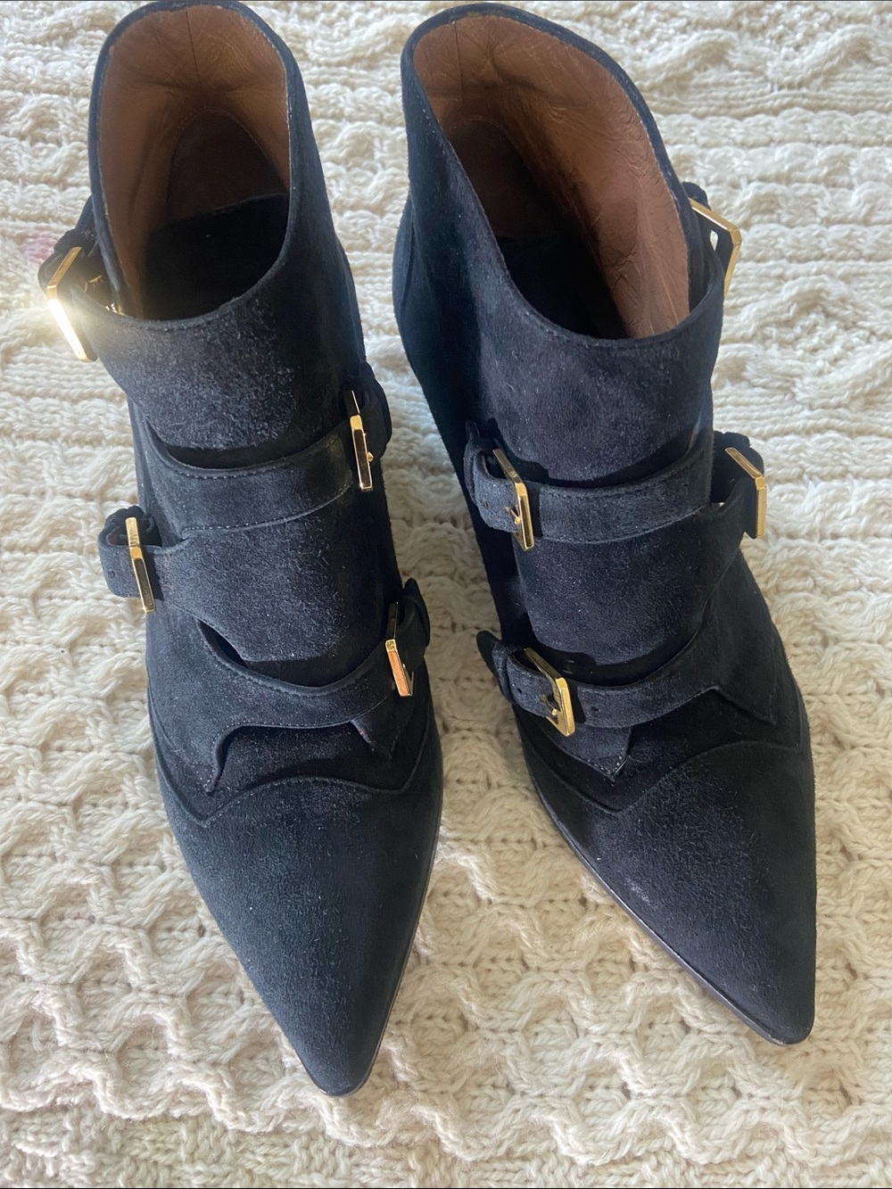 Laurence Dacade Black Suede Pointed Ankle Booties with Gold Buckles 8.5